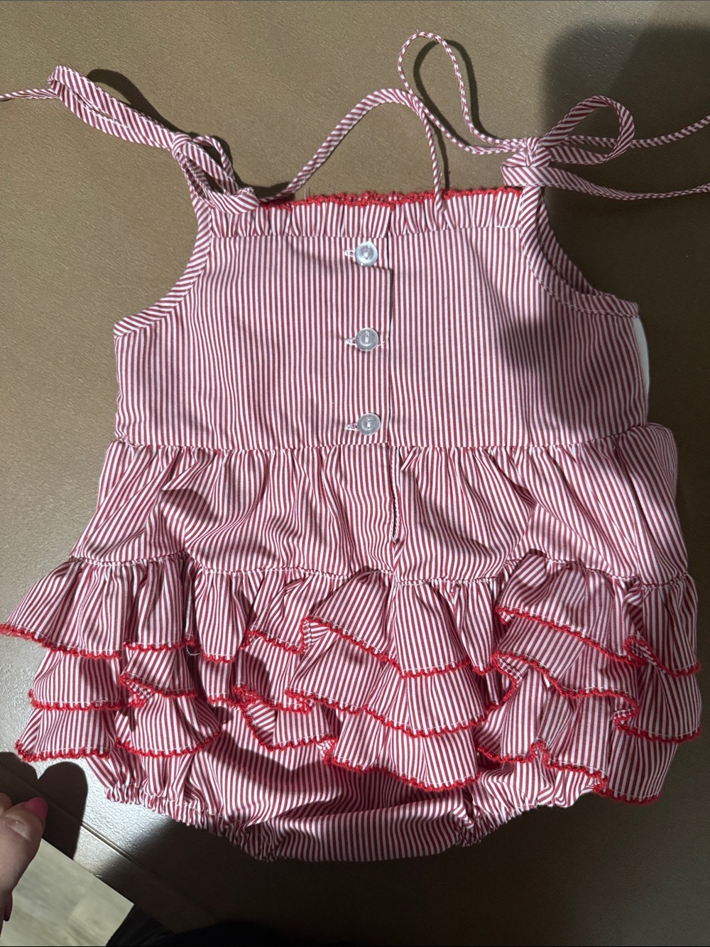 Stitchy Fish Red Striped Baby Romper with Minnie Mouse and Bow Accents - Picture 5 of 6